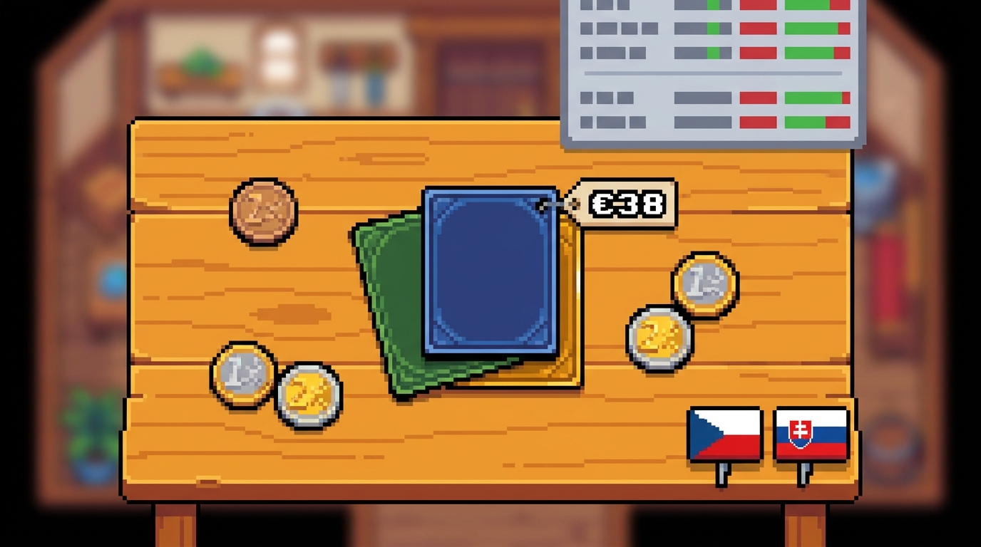 Pixel-art trojica Pokémon kariet na drevenom stole s cenovkou 38 € a euro mincami, vedľa cenový panel v rohu