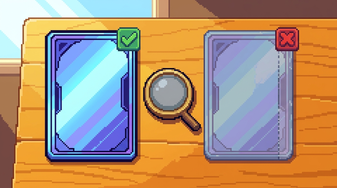 Pixel-art porovnanie: vľavo karta s zeleným ✓ (originál), vpravo s červeným ✗ (falzifikát), v strede lupa, vizuálny test pri okne