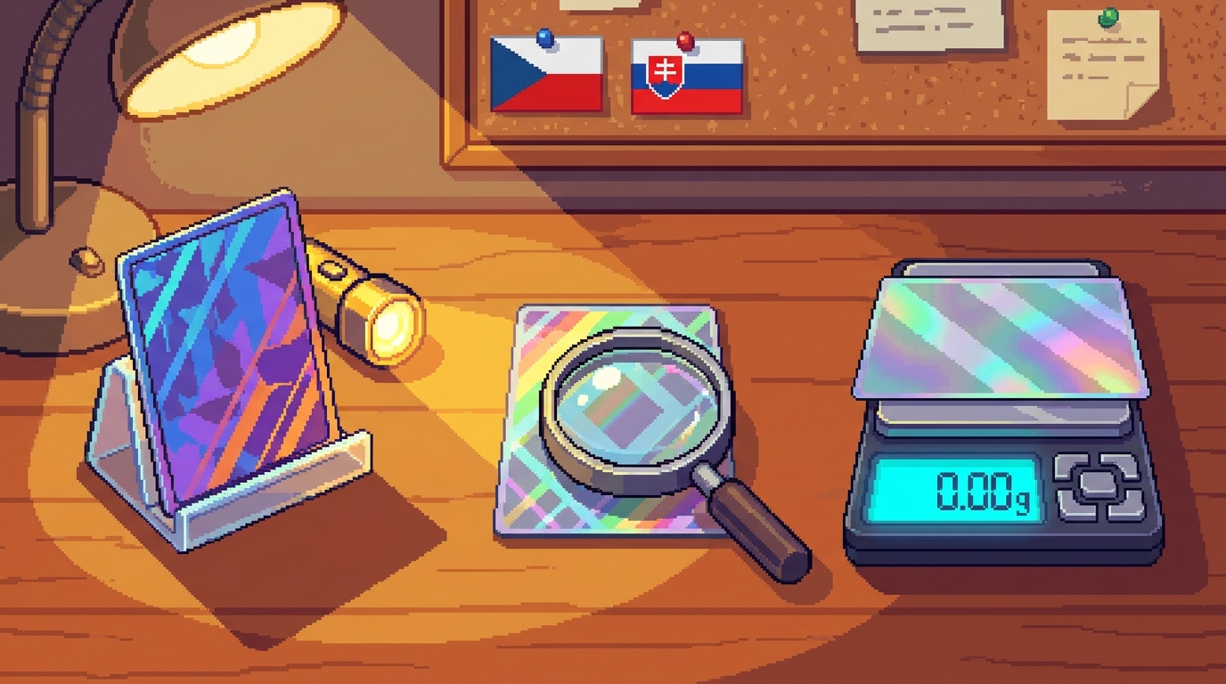 Pixel art zberateľský stôl: Pokémon karta presvietená baterkou, vedľa lupa a digitálna váha, CZ a SK