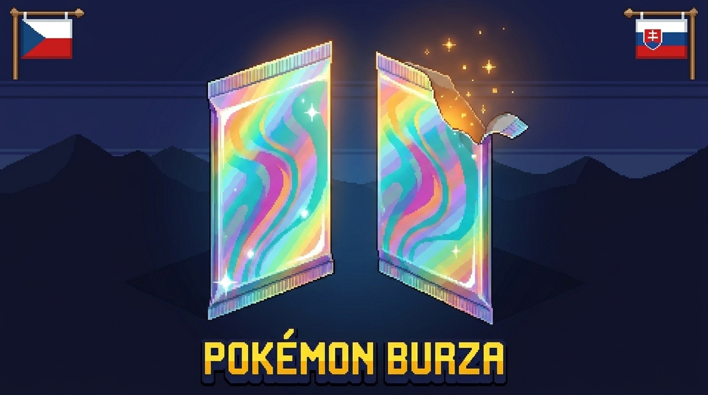 Pixel-art Pokémon booster zatvorený a pootvorený, tmavé pozadie, vlajky CZ a SK