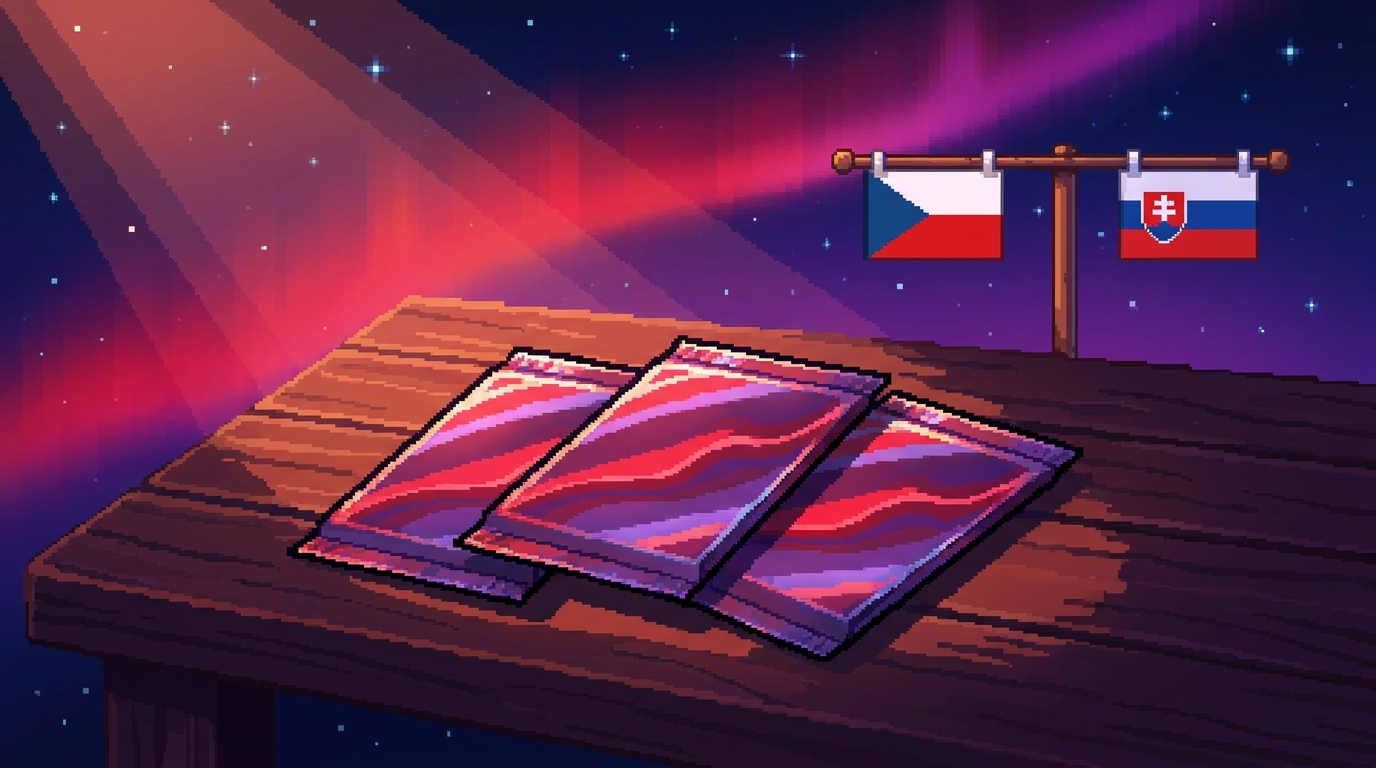 Pixel art temný stôl s rozloženými holo balíčkami, motív mega evolution, vlajky CZ a SK