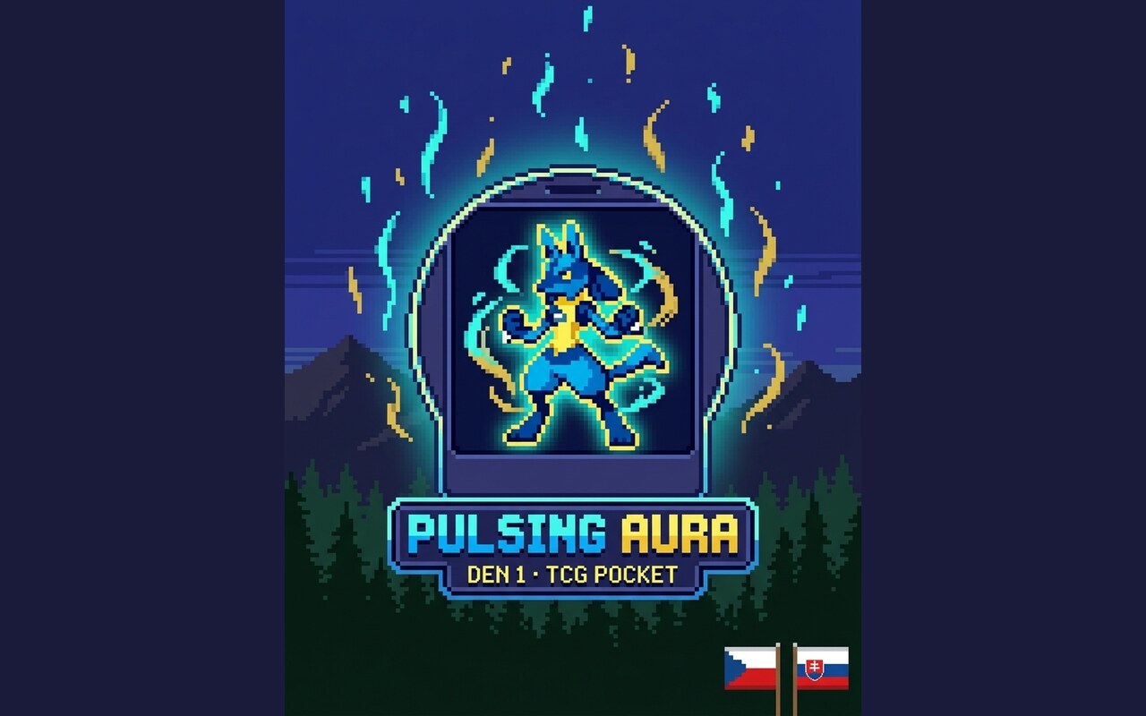 Pixel-art ilustrácia s aurou inšpirovanou Lucariom v modrých energetických vlnách na drevenom stole, vlajky CZ a SK, štýl derivátu z brand baseline obálky Pokémon Burza
