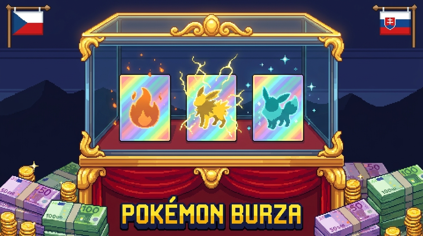 Pixelartová vitrína s tromi najvzácnejšími Pokémon kartami obklopená eurobankovkami a zlatými mincami, vlajky CZ a SK v rohoch, štýl derivátu z brand baseline obálky Pokémon Burza