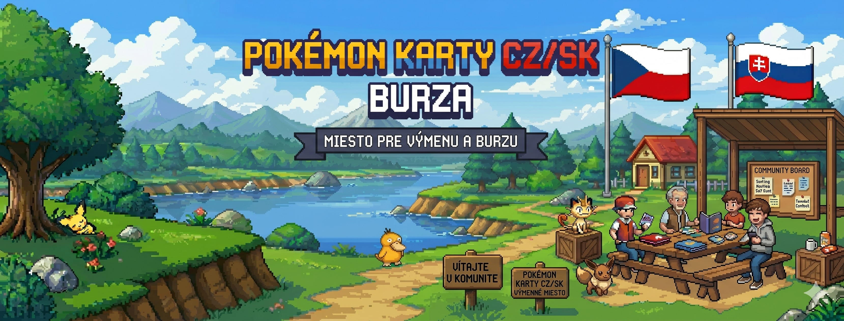 Pixel-art scéna pri jazere, výmena Pokémon kariet pri stole